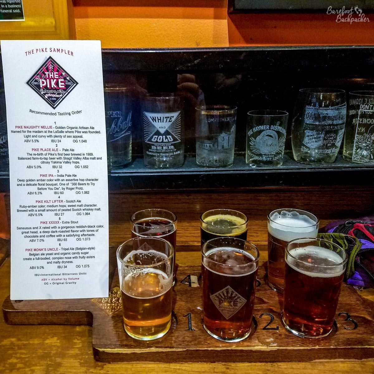 Flight of beers at Pike Place Brewery, Seattle WA
