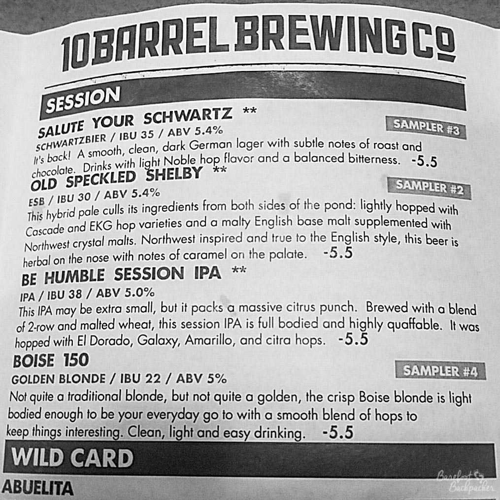 Beer list at 10 Barrel Brewing, Portland OR