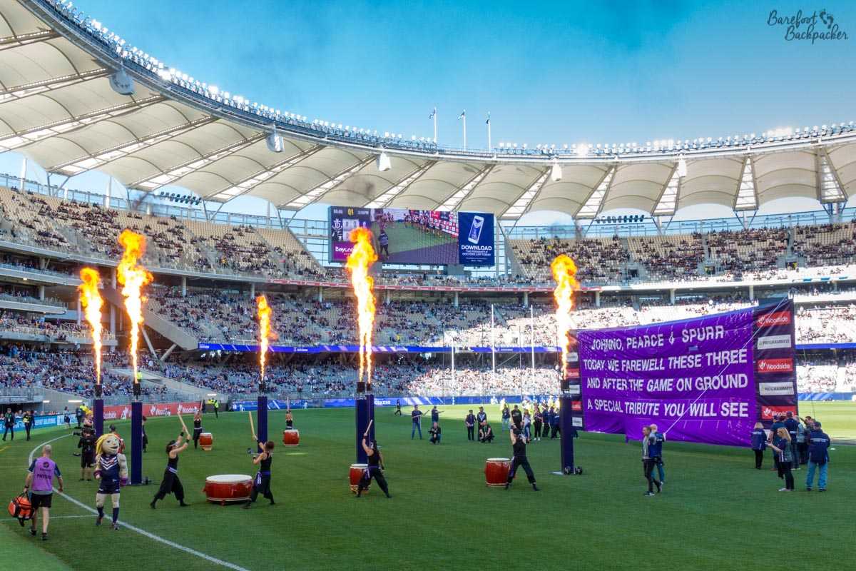 Fire and celebration in Optus Stadium, Perth.