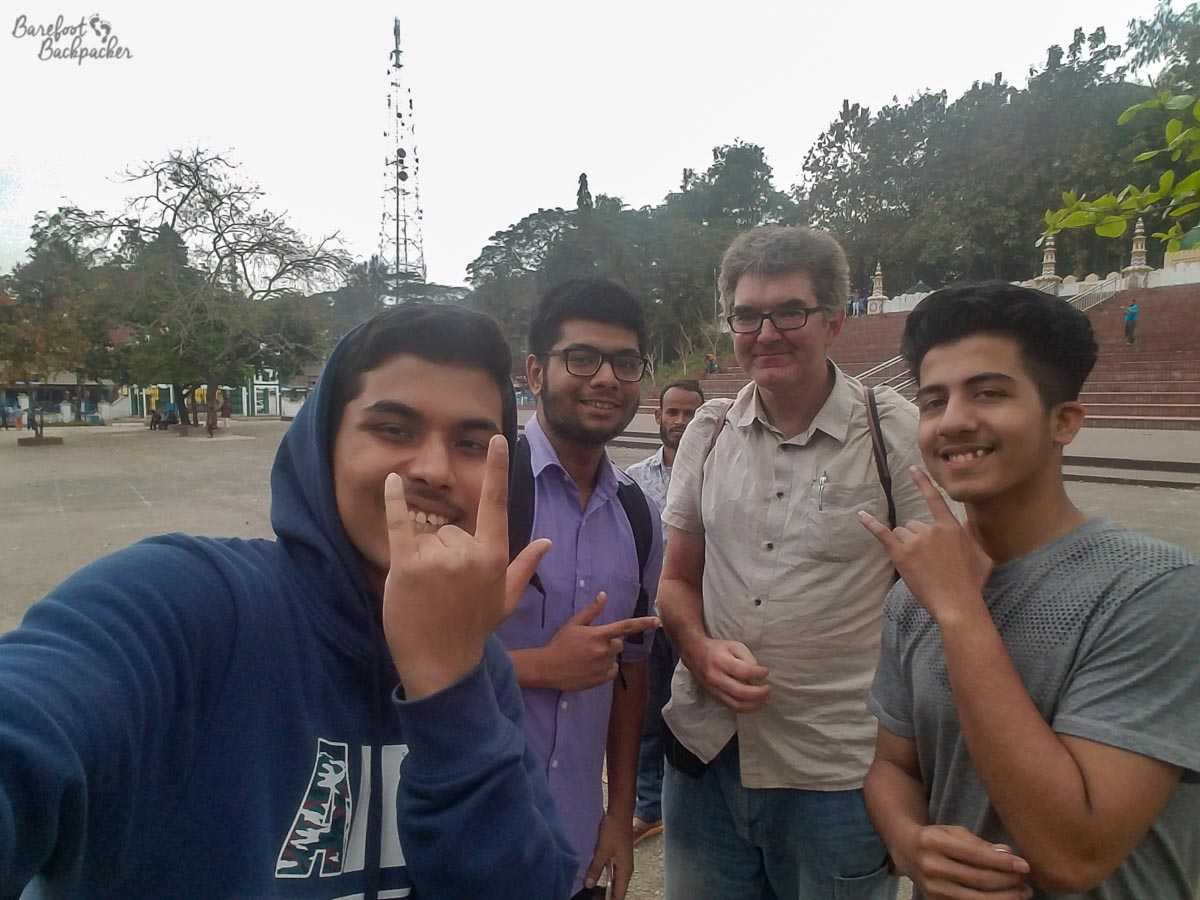 Local students from a college in Sylhet posing for a selfie with me.