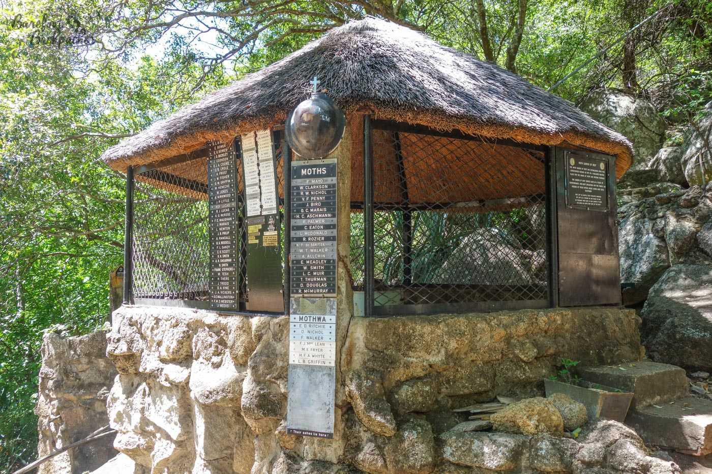 The MOTH shelter in the Matabo Hills, complete with dedication to the fallen.