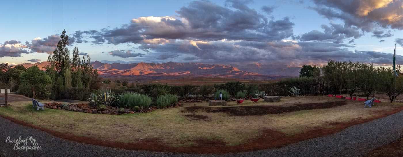 View from the hammock at dusk, looking out over the distant mountains of Lesotho.