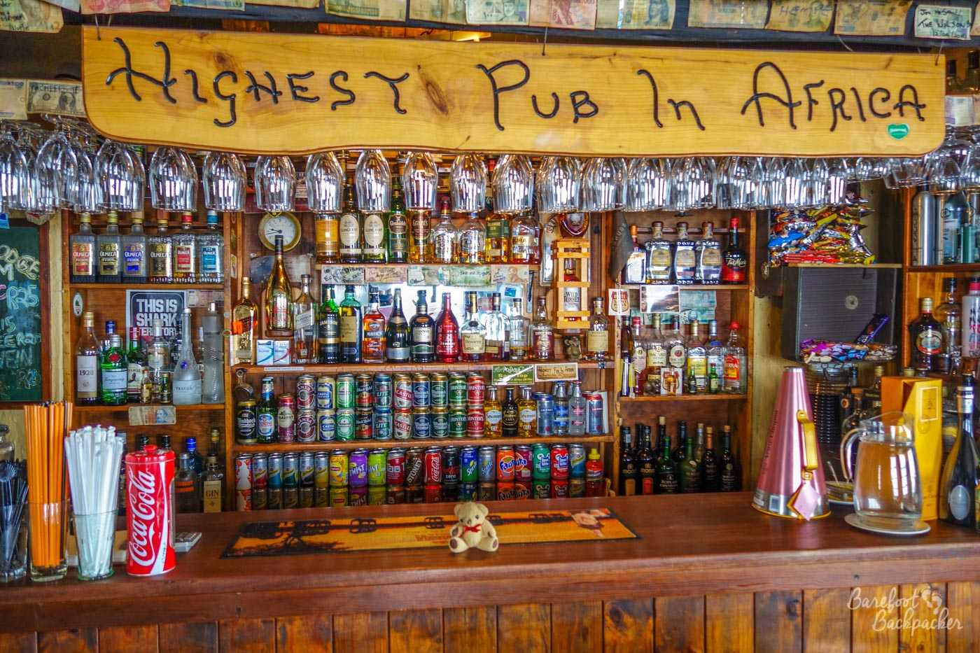 Unable to go for a hike, Baby Ian sits by the bar at the Highest Pub in Africa, in the Sani Pass Lodge, Lesotho