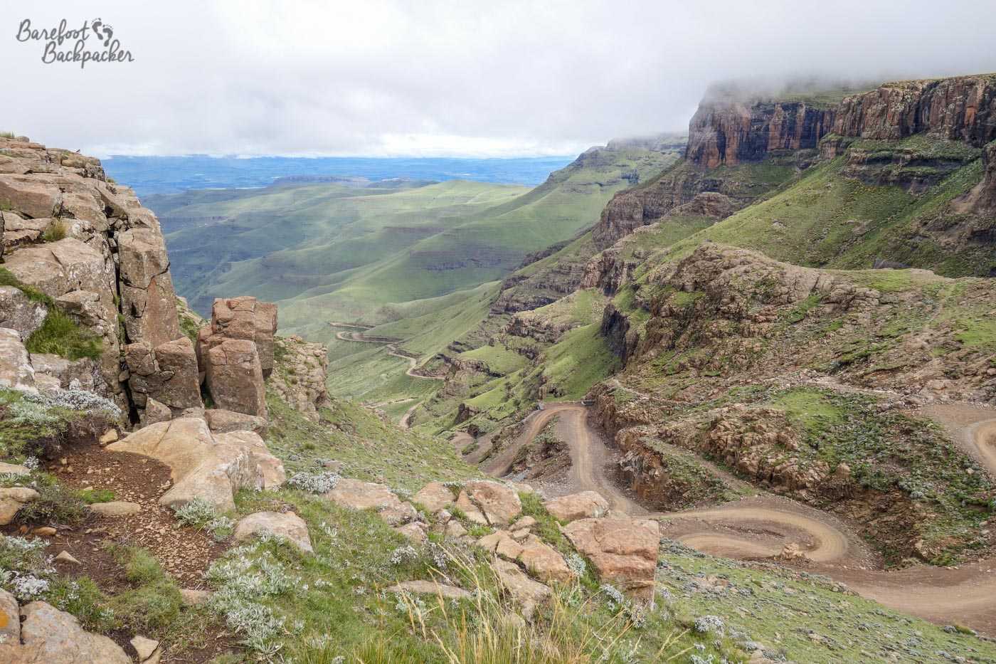 Looking out from the Sani Pass Lodge down the Sani Pass itself – the cloud has cleared and you can see the road winding downhill in its full glory.