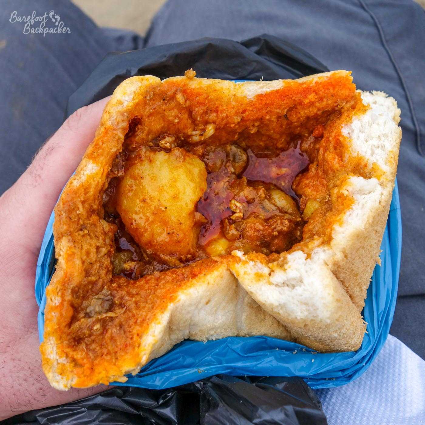 Bunny Chow, opened and ready to eat.