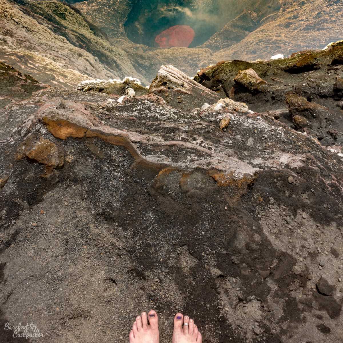 Lava pool, Mt Marum, Ambrym, with bare feet.