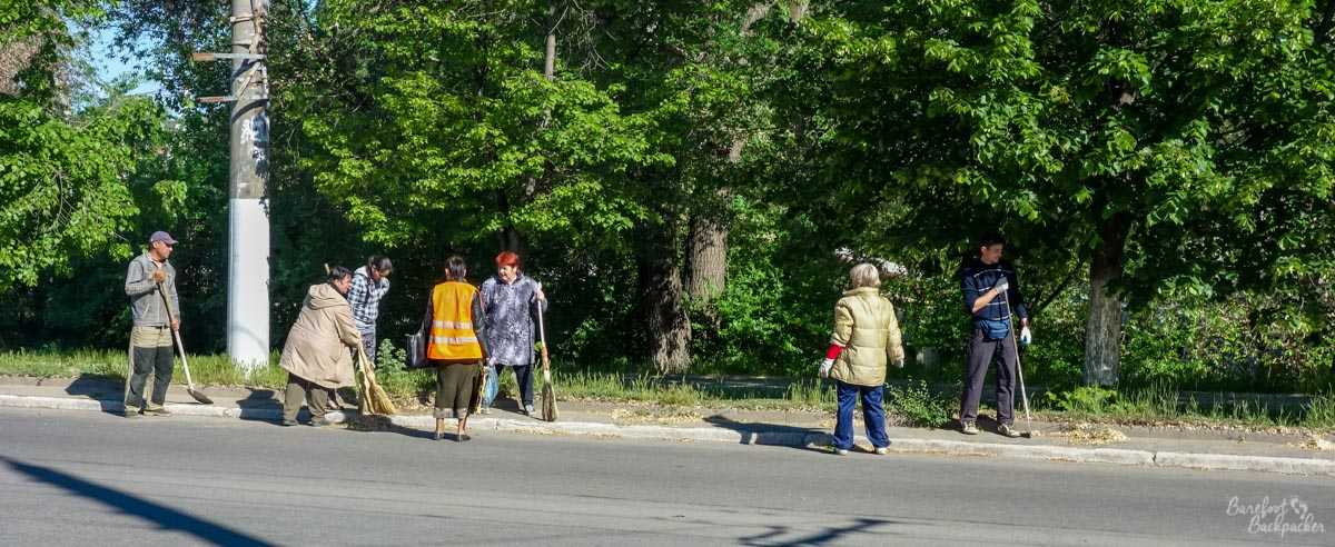 A small battalion of street sweepers in suburban Tiraspol.