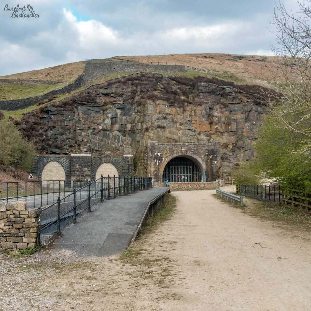 Woodhead Railway Station, what remains of it, with the Woodhead tunnel portals in the background.