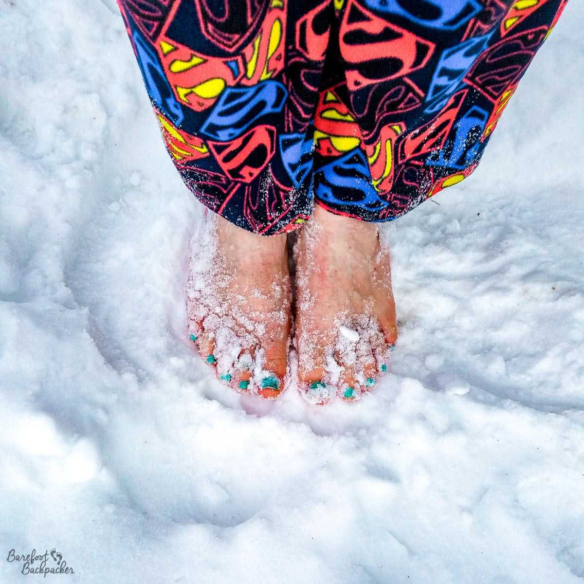 Standing barefoot in the snow in Deschambault, Canada