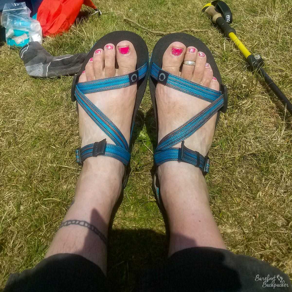 Me wearing Xero sandals on my hike across Great Britain