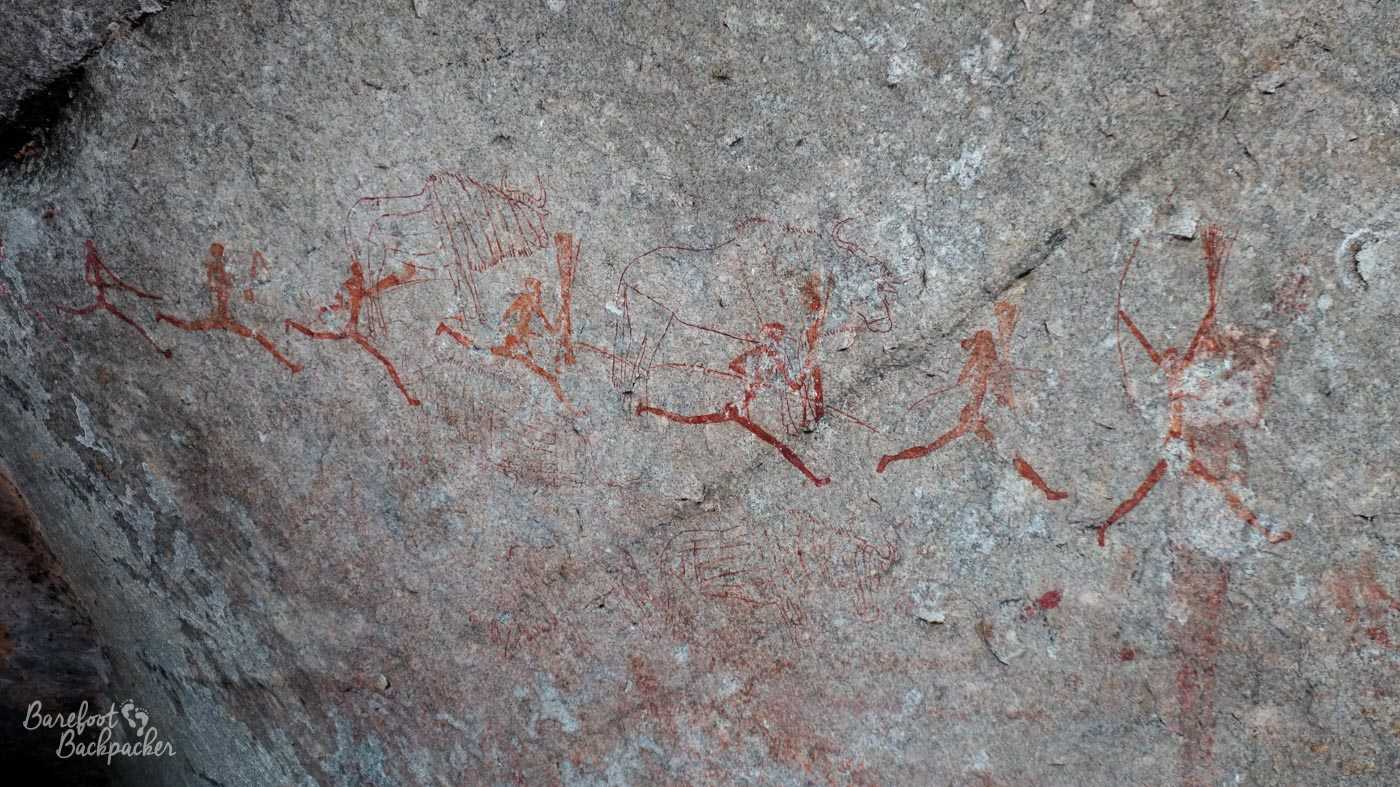 Cave paintings in the Matapos Hills; red lines on the cave sides.