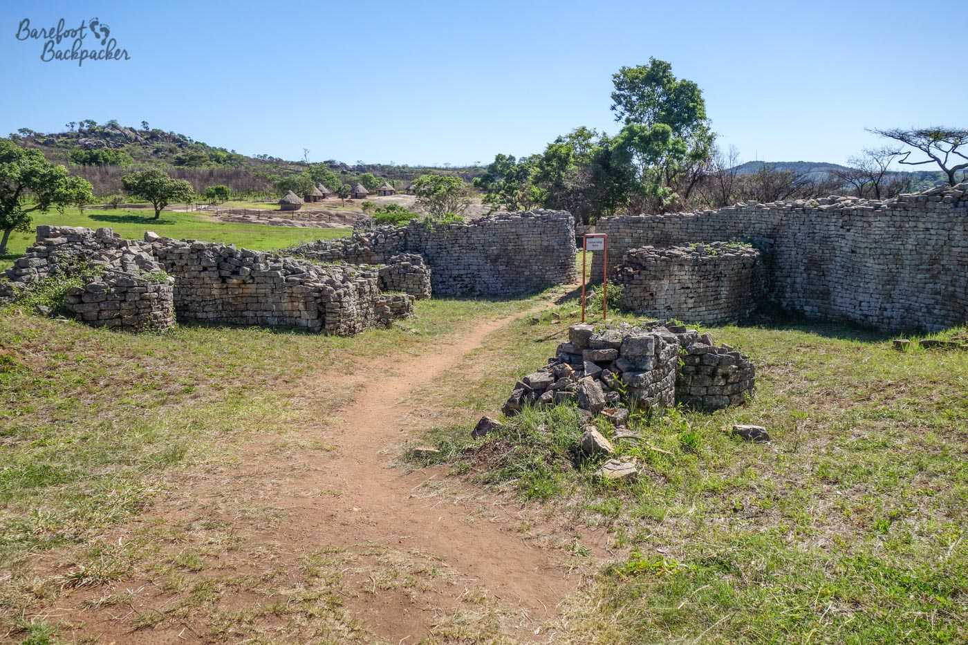 The Valley Ruins part of the Great Zimbabwe site – with modern village rondavels in the background.