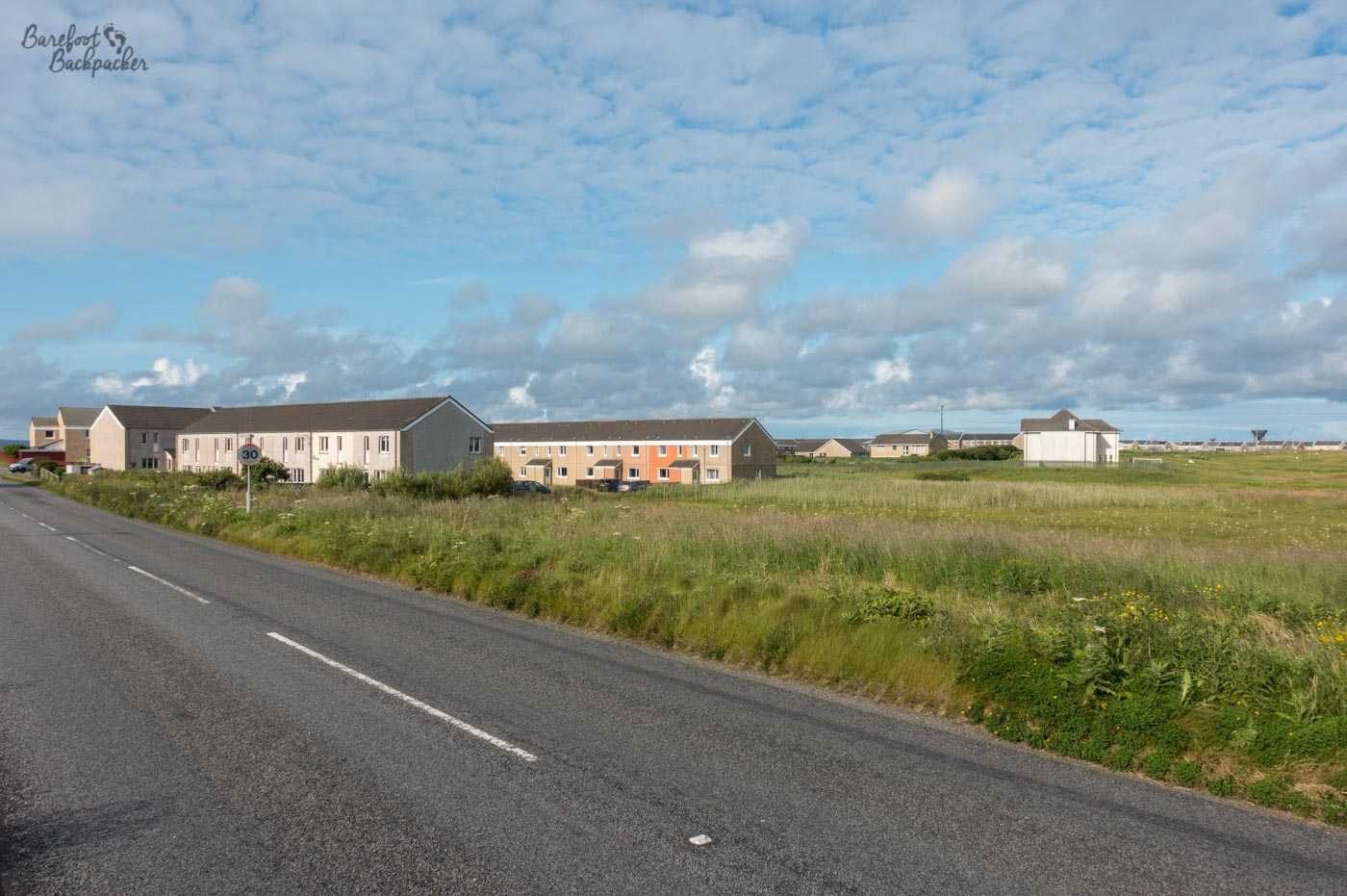 The terraced homes on Benbecula that presumably serve as military housing.
