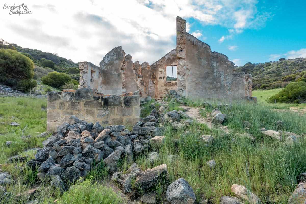 One of the ruined buildings at Lynton Convict Hiring Depot, nothing more than a short series of broken walls of stone.