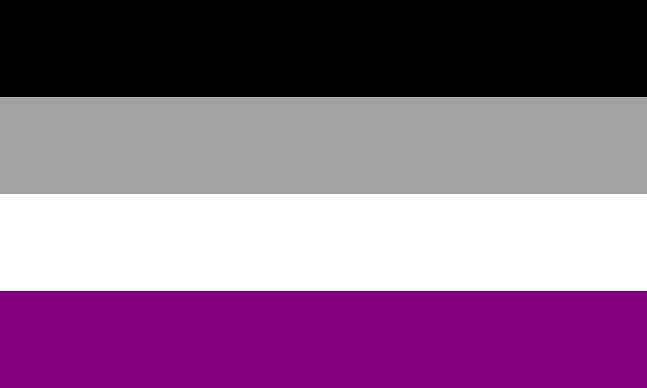 Asexual Pride Flag. Equal stripes across, from the top down: black, grey, white, purple. It is as boring as it sounds.