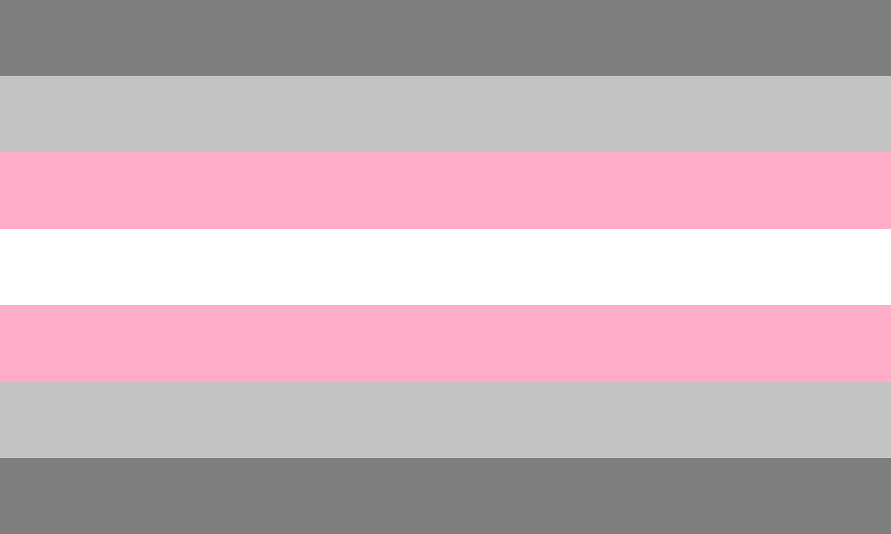 Demigirl Pride Flag. Equal stripes across, from the top down: dark grey, light grey, pink, white, pink, light grey, dark grey. Such is the gender binary.