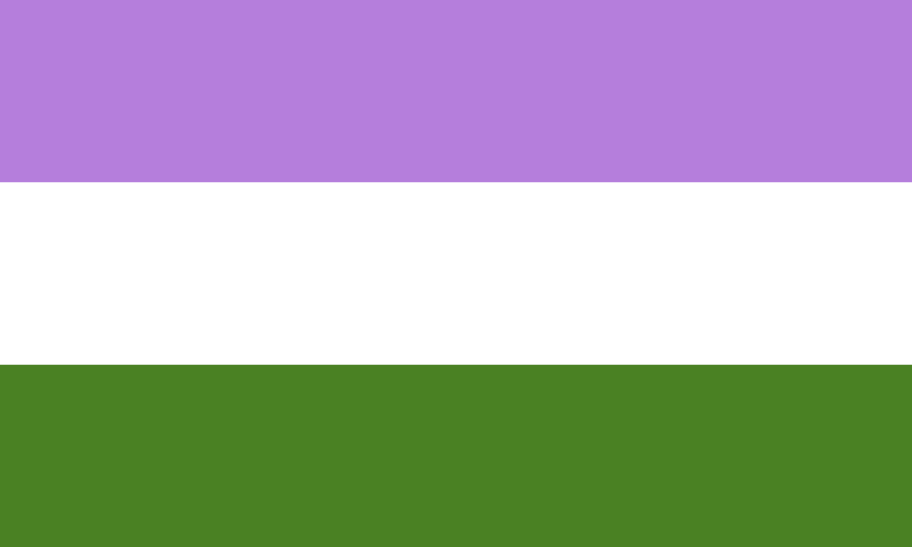 GenderQueer Pride Flag. Equal stripes across, from the top down: lilac, white green.
