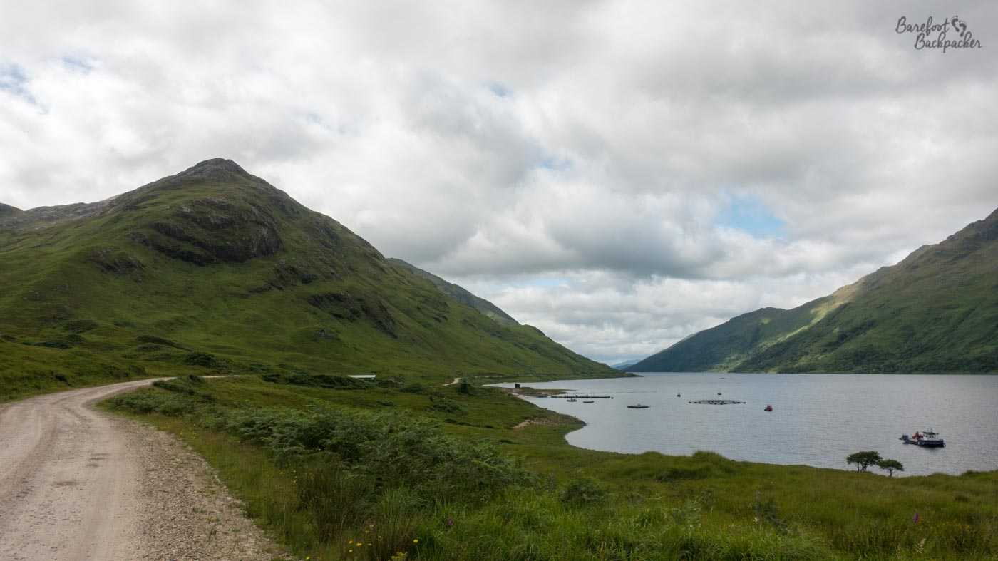 Gravel and cement forestry road runs alongside a patch of green to the right that slopes gradually down to the loch edge. On the left is a green small mountainous peak. On the right, beyond the loch, are the slopes of more hills .