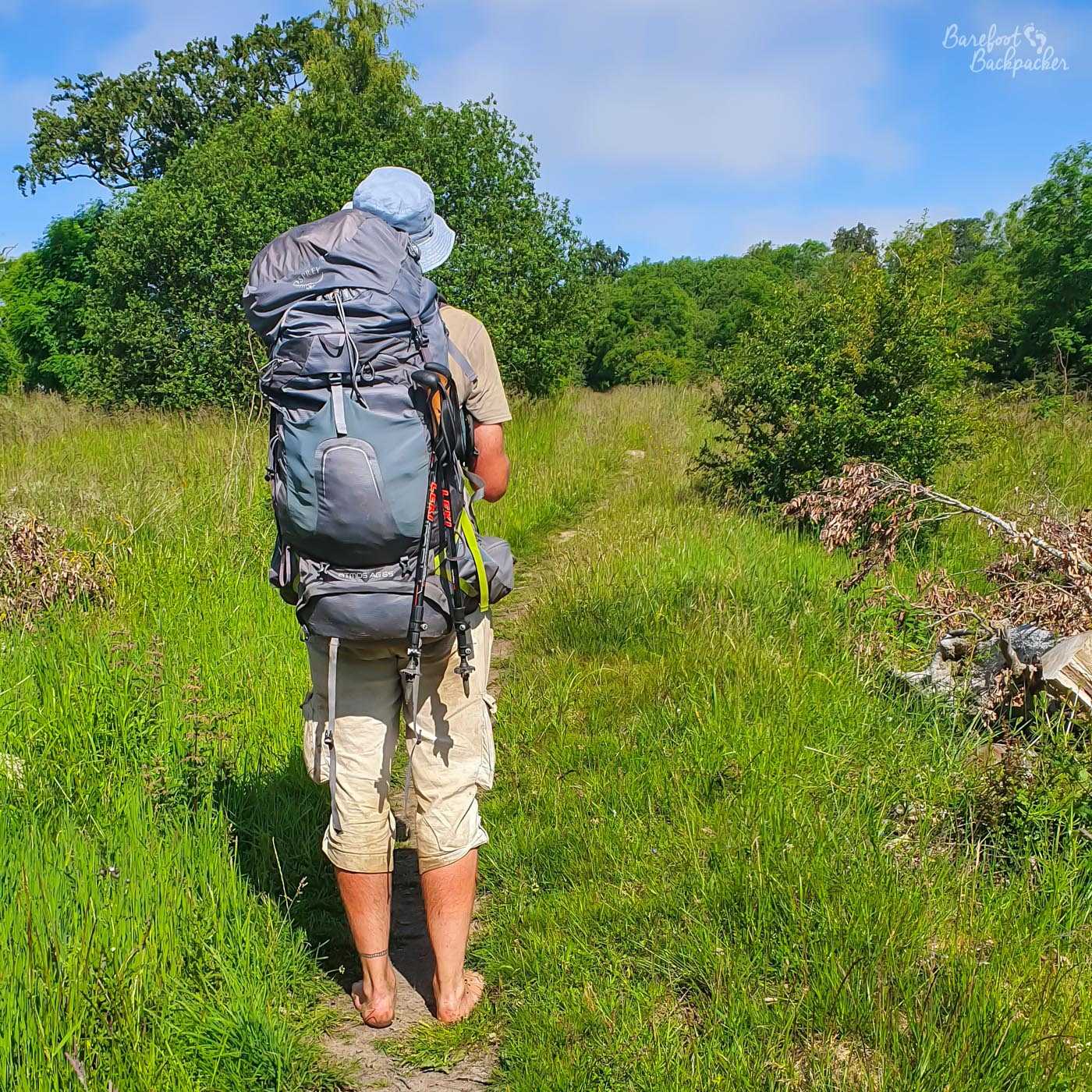 The Barefoot Backpacker, pictured true to their name, on the St Cuthbert's Way footpath in Scotland. They are stood on the vague path in a field grass, barefoot, carrying a backpack, ready to start hiking onwards away from the camera. It's a bright sunny day and the path disappears into what are very vibrant bushes.