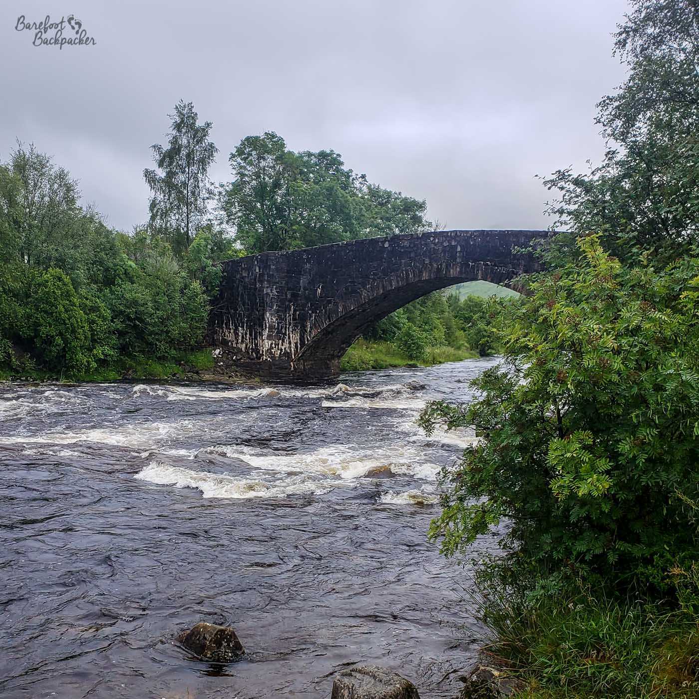Old stone bridge, looking quite worn, with a sharp arch stands above a fast-flowing river running over a few stones causing swell. There are trees and bushes either side of the river that make it feel quite hemmed in.