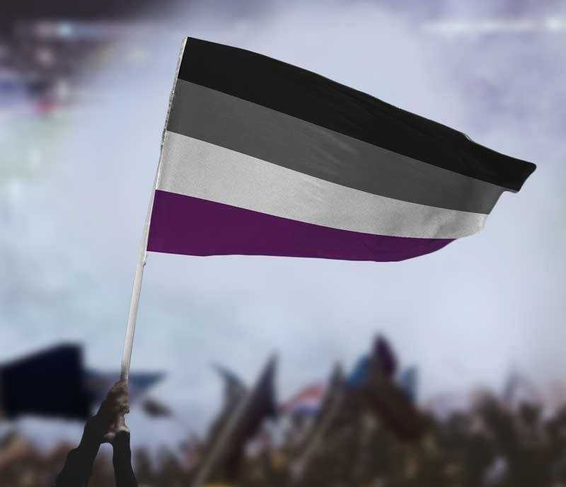 An asexual pride flag (black, grey, white, purple) is being held by a hand just visible at the bottom of the shot, in a street.