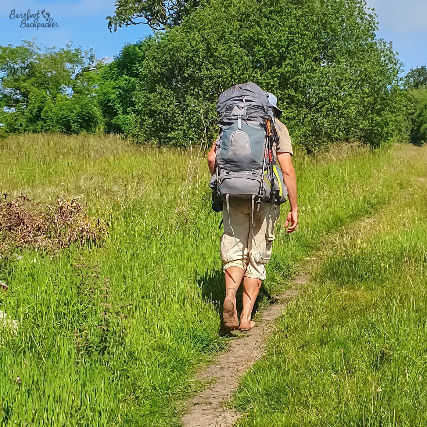 Someone is hiking away from the camera down an assumed path in the grasses, towards a woodland. They are carrying a large backpack and are barefoot.