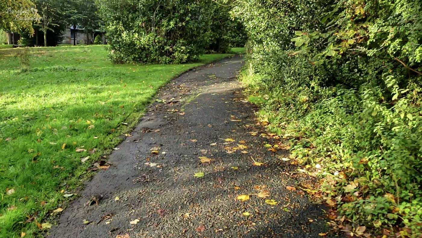 A slightly gnarled tarmac path curling to the right. On the right is a bank of bush. The left is a bit more like lawn.