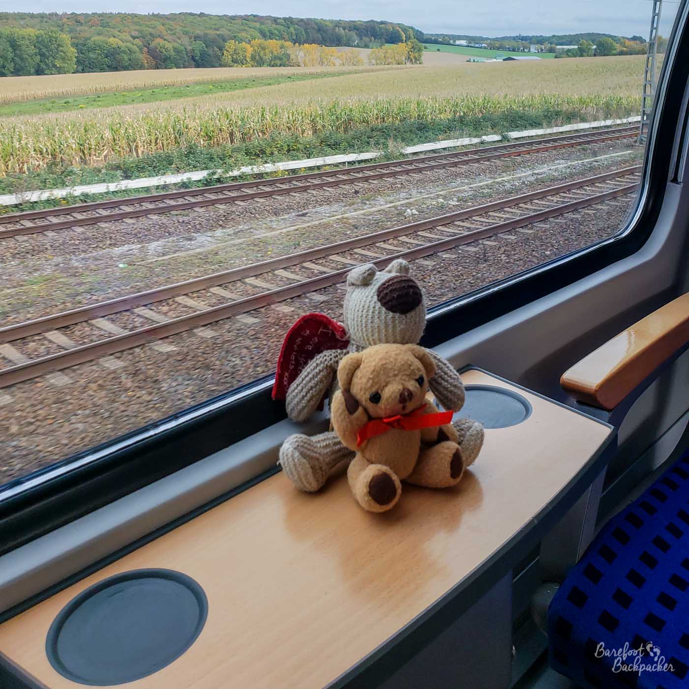 Two small soft toys - Baby Ian and Dave - are sat on the formica table in a train carriage. Behind them is a window showing other tracks and bushes in the beyond.