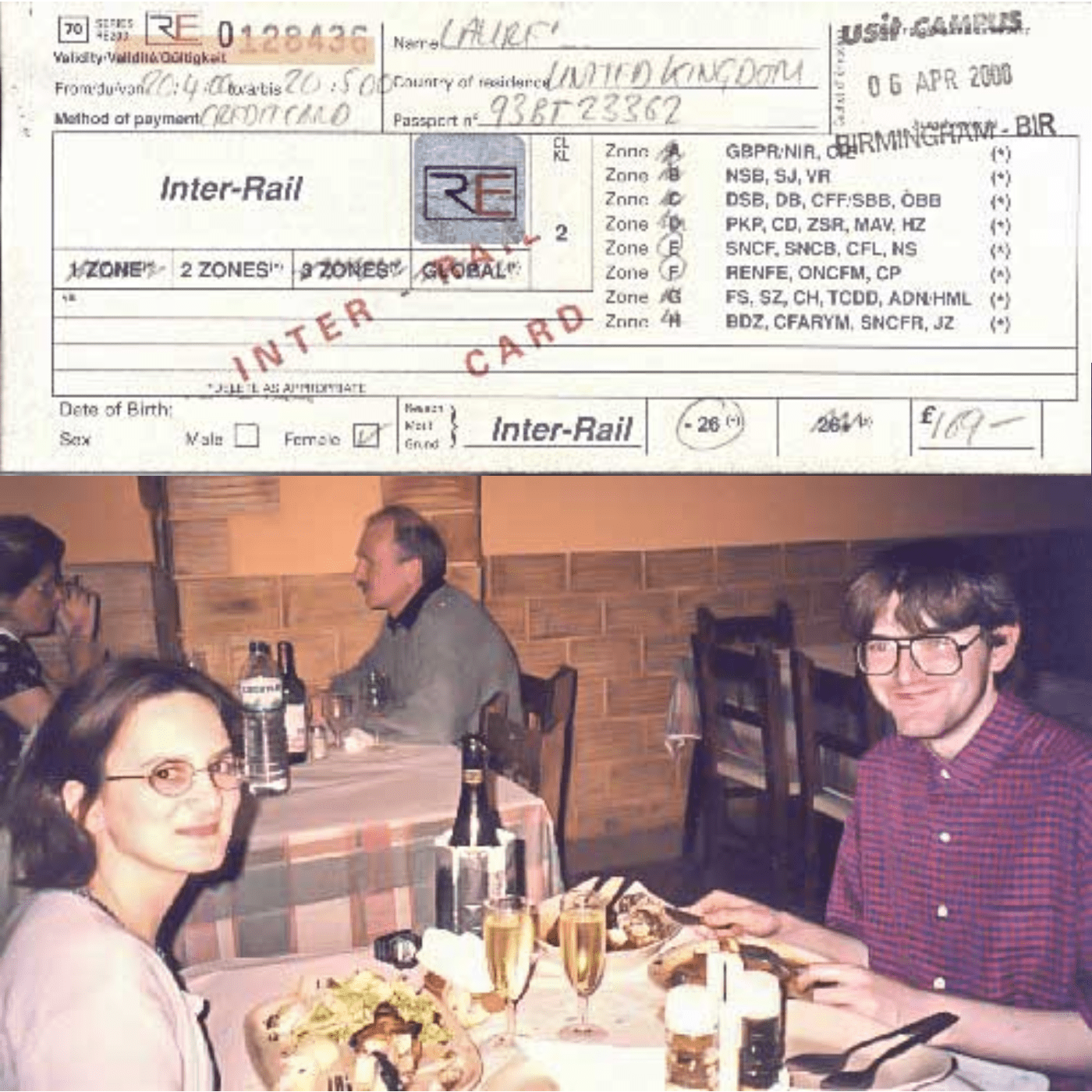 A dual-image. At the top is a photo of an Inter-Rail ticket, from the year 2000, written out on a typed bit of flimsy paper. At the bottom is a picture of two people in a restaurant, with a table of food and wine between them.
