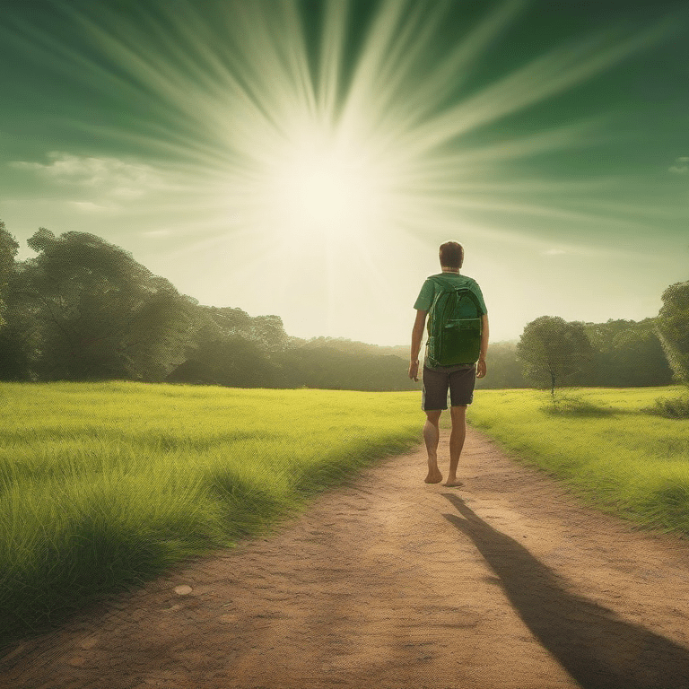 Image created by AI. It's of a barefoot backpacker (in that they're barefoot and wearing a backpack), walking away from the camera, along a path with grass either side, trees in the background, and a bright sun with sunrays setting in the sky in the middle-back of shot.