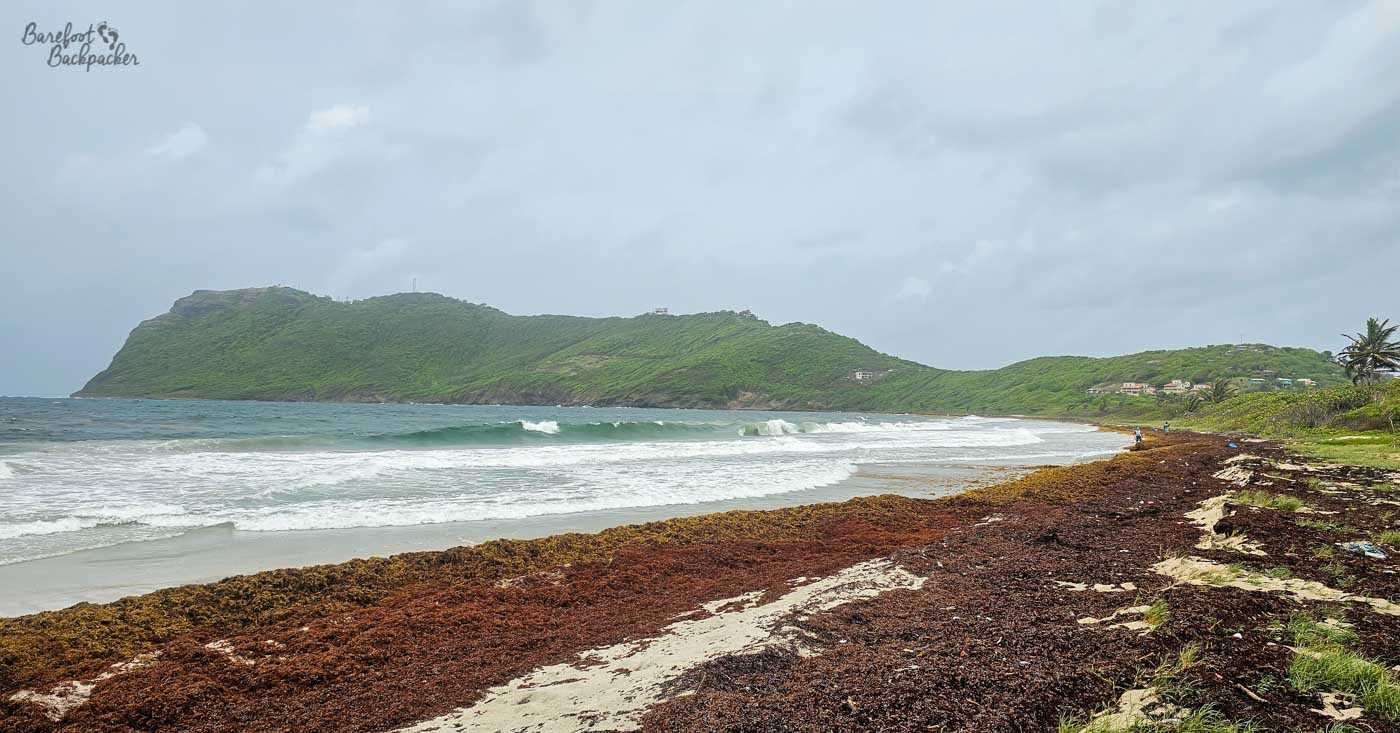 A wide tropical beach with waves rolling in from the sea. Dark seaweed lines the shoreline, and green hills stretch along the coast beneath a pale, overcast sky.