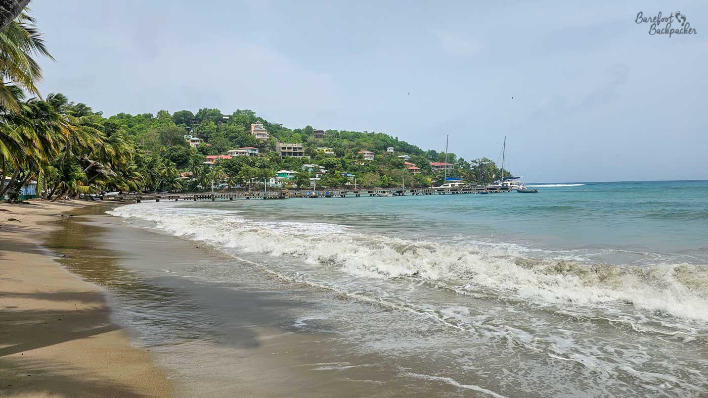 A sandy beach curving around a calm bay, with gentle waves breaking near shore. Palm trees line the left side, and hillside homes and a small marina with boats appear in the distance.
