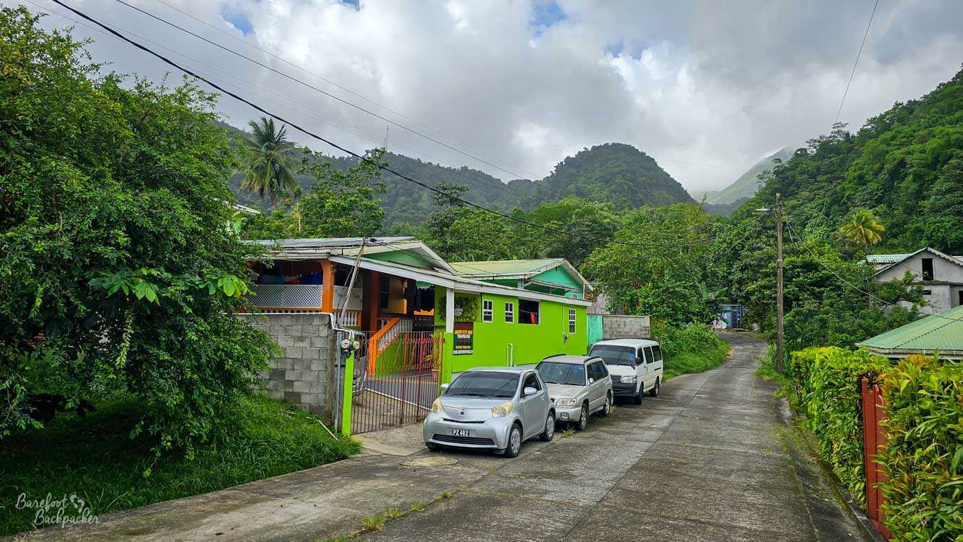 A quiet residential street lined with small houses painted bright green and pastel colours. Cars are parked along the road, and forested hills rise steeply in the background.