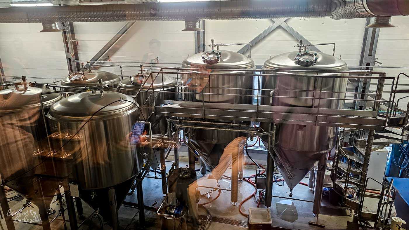 A high, industrial brewery interior filled with gleaming stainless-steel fermentation tanks connected by a network of pipes and walkways, viewed through glass from an upper level. Reflections of visitors faintly overlay the scene, adding a sense of scale to the polished vats and the clean, functional brewing setup below.