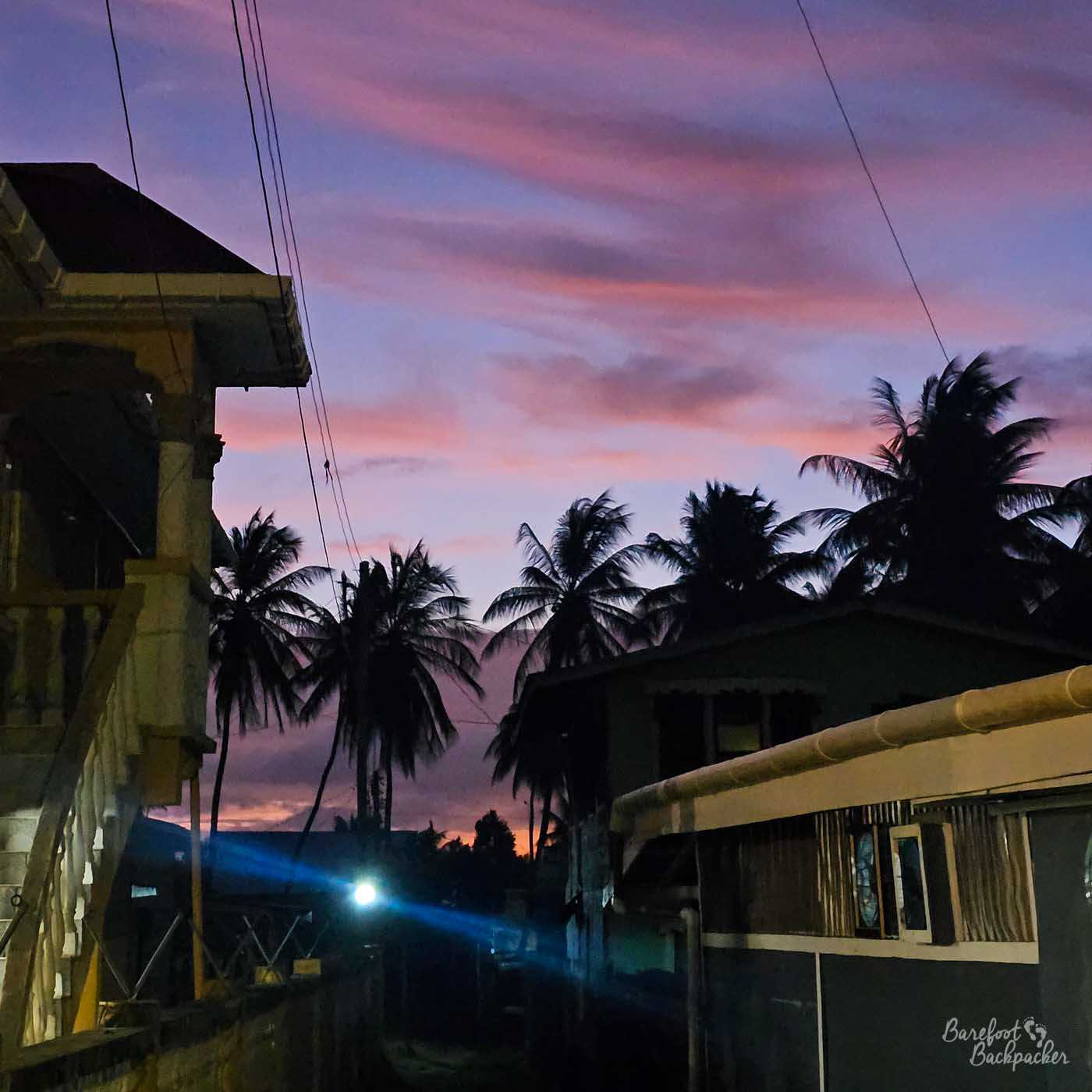 A quiet residential street is silhouetted against a vivid sunset sky streaked with soft pink and purple clouds fading into deep blue. Tall palm trees sway gently in dark outline, rising above modest houses and fences that line the narrow lane. A single bright light glows near the ground, casting a faint beam across the scene and adding contrast to the dimming evening. The atmosphere is calm and reflective, capturing that brief, beautiful transition between day and night in a tropical setting.