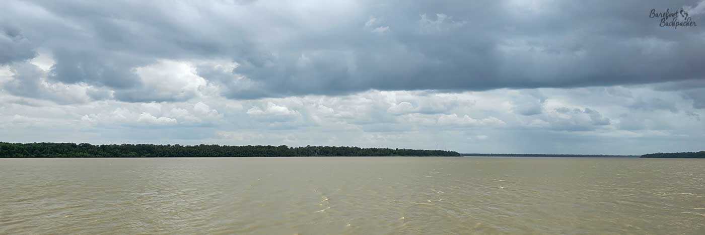 A wide, panoramic view of a broad, muddy river stretches across the frame beneath a heavy, overcast sky. Thick grey clouds hang low, with darker streaks suggesting rain falling in the distance, while a flat, tree-lined shoreline runs unbroken along the horizon. The water appears choppy and opaque, reflecting the dull light and adding to the sense of humid, stormy stillness. The overall scene feels expansive and remote, with nature dominating under gathering weather.