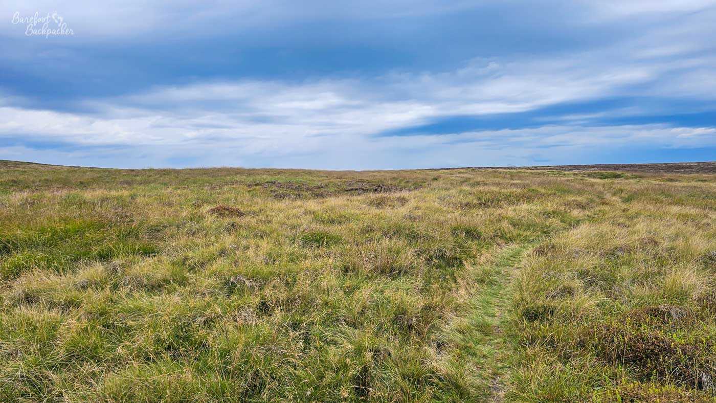 A faint grassy path crosses an open expanse of windswept moorland beneath a wide cloudy sky, with no buildings or landmarks visible on the horizon.