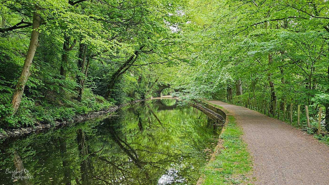A quiet stretch of canal passing through dense green woodland, with the water reflecting the trees and leafy canopy above. A broad gravel towpath follows the right bank, curving gently towards a stone bridge in the distance. Trees crowd closely around both sides of the canal, making the scene feel enclosed and heavily wooded.