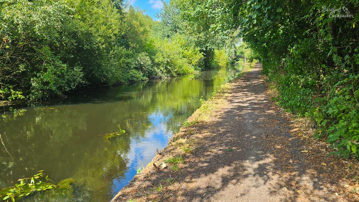 A quiet stretch of canal enclosed by dense green trees and bushes on both banks. A narrow, unsurfaced towpath follows the water on the right, partly shaded by overhanging branches, while sunlight reflects from the still greenish water. The canal and path curve gently into the vegetation ahead.
