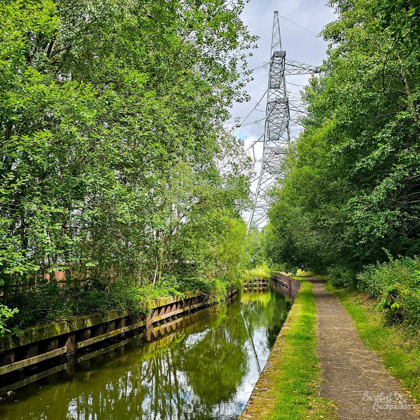 A narrow, straight canal running through dense woodland beneath a huge electricity pylon. A dirt towpath follows the right bank while trees crowd closely around the water, their foliage reflected on its greenish surface. The metal pylon towers dramatically above the treetops and almost fills the upper centre of the view.