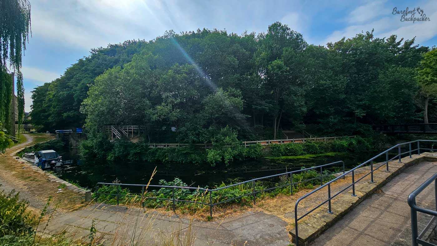A leafy canal scene viewed from above, with stone paths and metal railings descending towards the water. Dense woodland fills the opposite bank, while a small lock or canal structure and a moored boat are partly visible among the trees. Bright sunshine creates a diagonal flare across the scene.